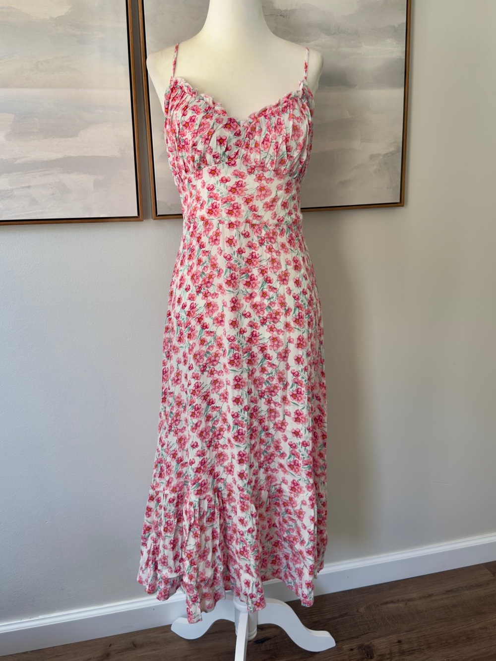 Row A Pink Floral Ruffle Hem Midi Dress